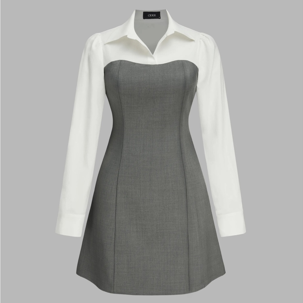 Cider collar solid patchy mini shirt dress